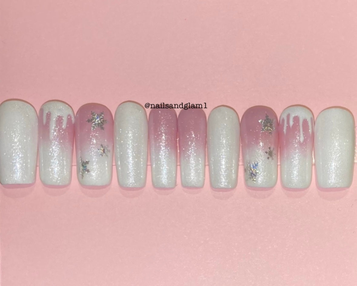 Pink & White Shimmer Ombre Snowflake Nails | Christmas Nails | Press on Nails UK | Stick on Nails | Reusable | Customised | Handmade | Set of 10