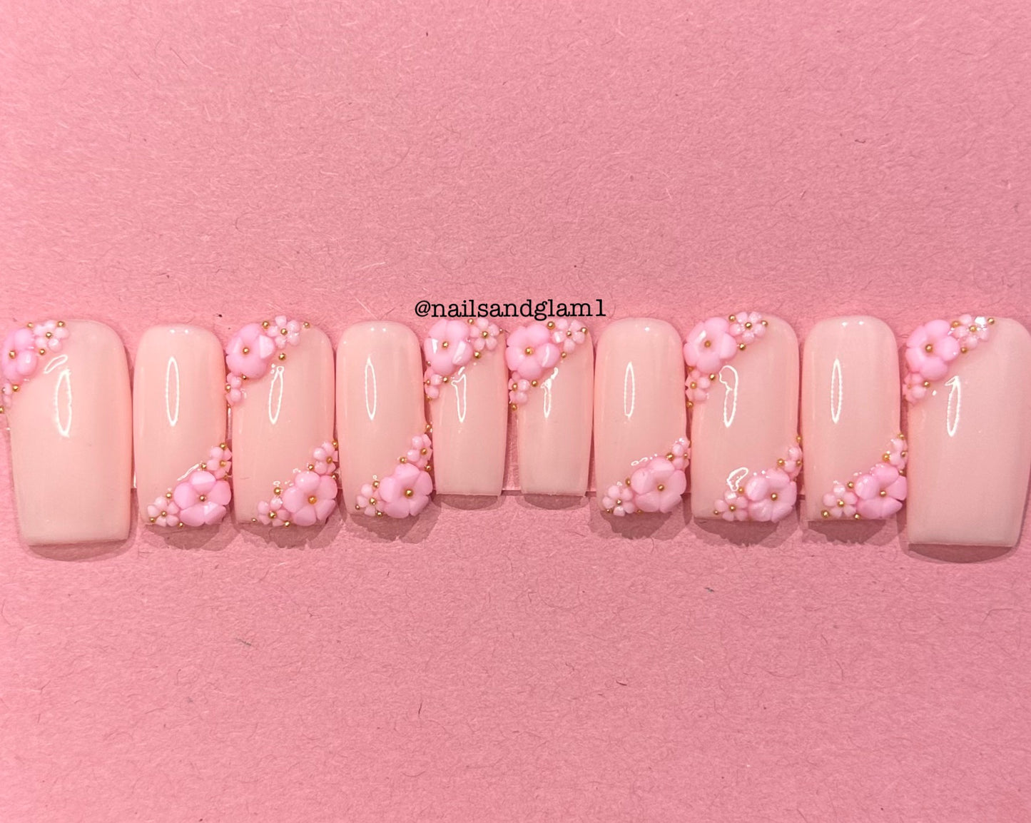 Pink Nails with Pink Flowers & Gold Beads | Press on Nails UK | Stick on Nails | Reusable | Customised | Handmade | Set of 10
