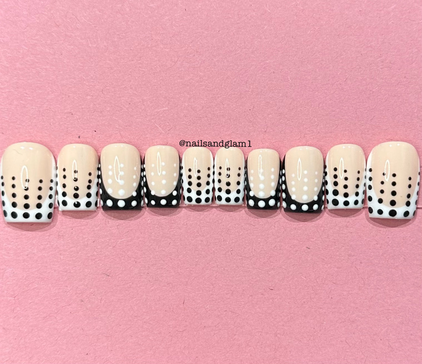 Black & White French Tips with Dots | Press on Nails UK | Stick on Nails | Reusable | Customised | Handmade | Set of 10