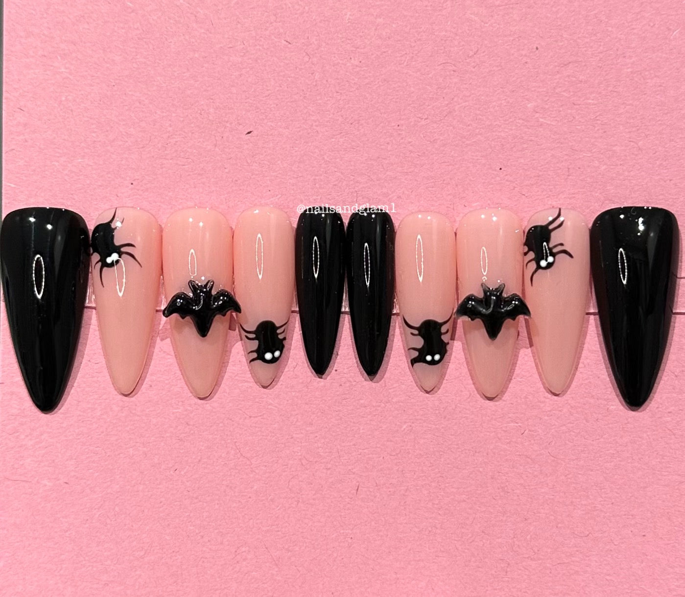 Black Nails with Spiders & Bat Charms | Halloween Nails | Press on Nails UK | Stick on Nails | Reusable | Customised | Handmade | Set of 10
