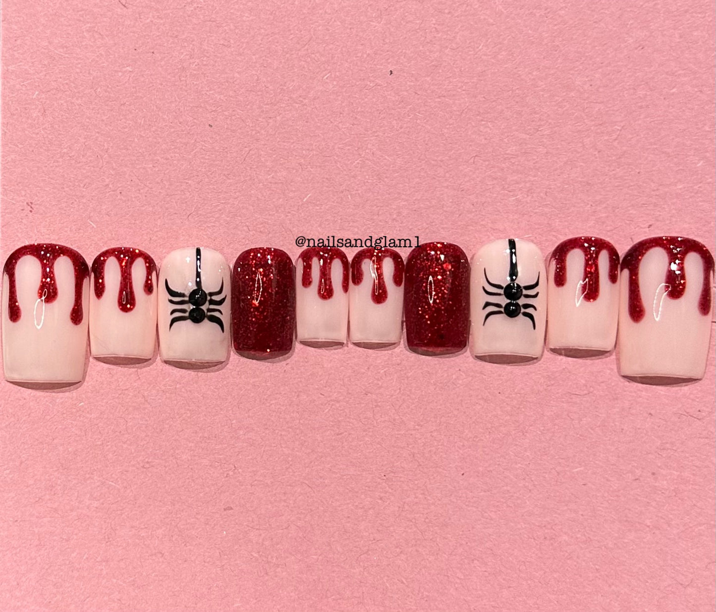 Red Glitter Blood Drips with Spiders | Halloween Nails | Press on Nails UK | Stick on Nails | Reusable | Customised | Handmade | Set of 10
