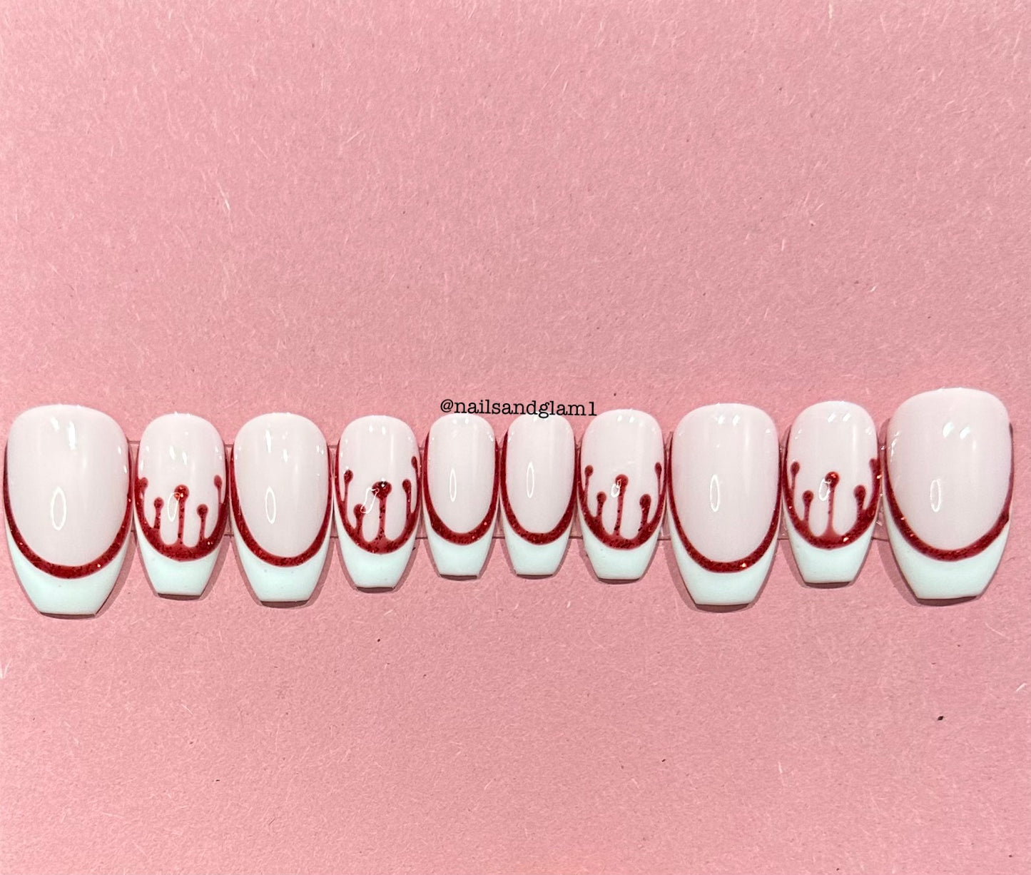 White French Tips with Red Glitter Outline & Blood Drips | Halloween Nails | Press on Nails UK | Stick on Nails | Reusable | Customised | Handmade | Set of 10
