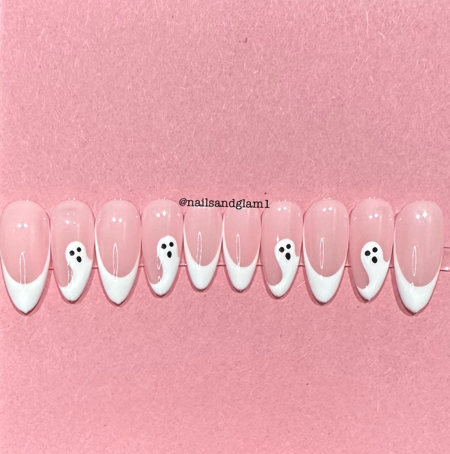 White French Tips with Ghosts | Halloween Nails | Press on Nails UK | Stick on Nails | Reusable | Customised | Handmade | Set of 10