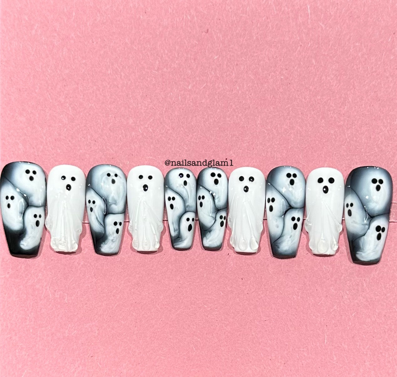 White Ghost Nails | Halloween Nails | Press on Nails UK | Stick on Nails | Reusable | Customised | Handmade | Set of 10