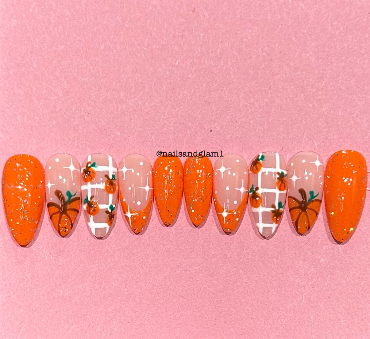Orange Glitter Nails with Pumpkins, French Tips & Stars | Halloween Nails | Press on Nails UK | Stick on Nails | Reusable | Customised | Handmade | Set of 10