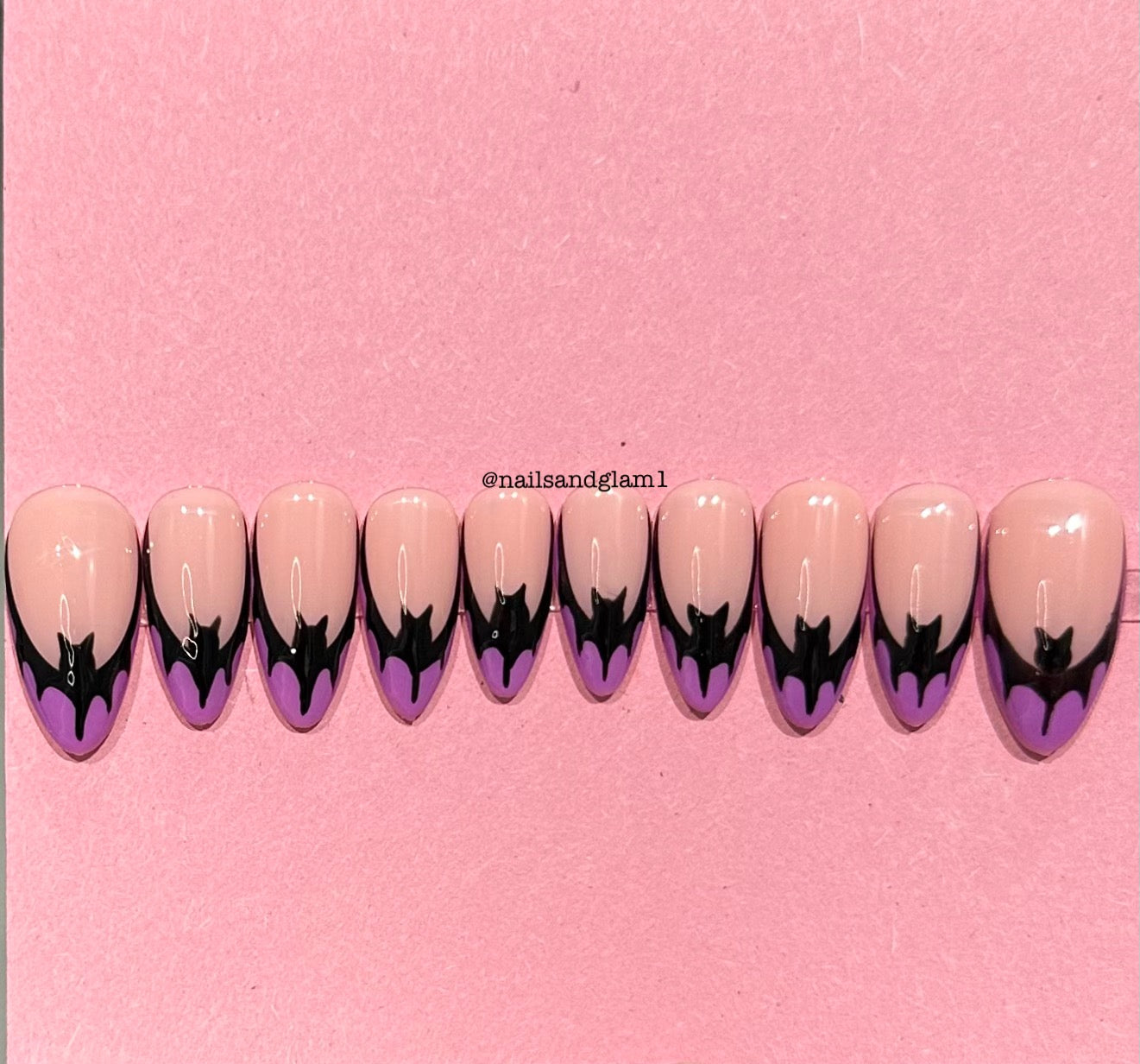 Purple French Tips with Black Bats | Halloween Nails | Press on Nails UK | Stick on Nails | Reusable | Customised | Handmade | Set of 10