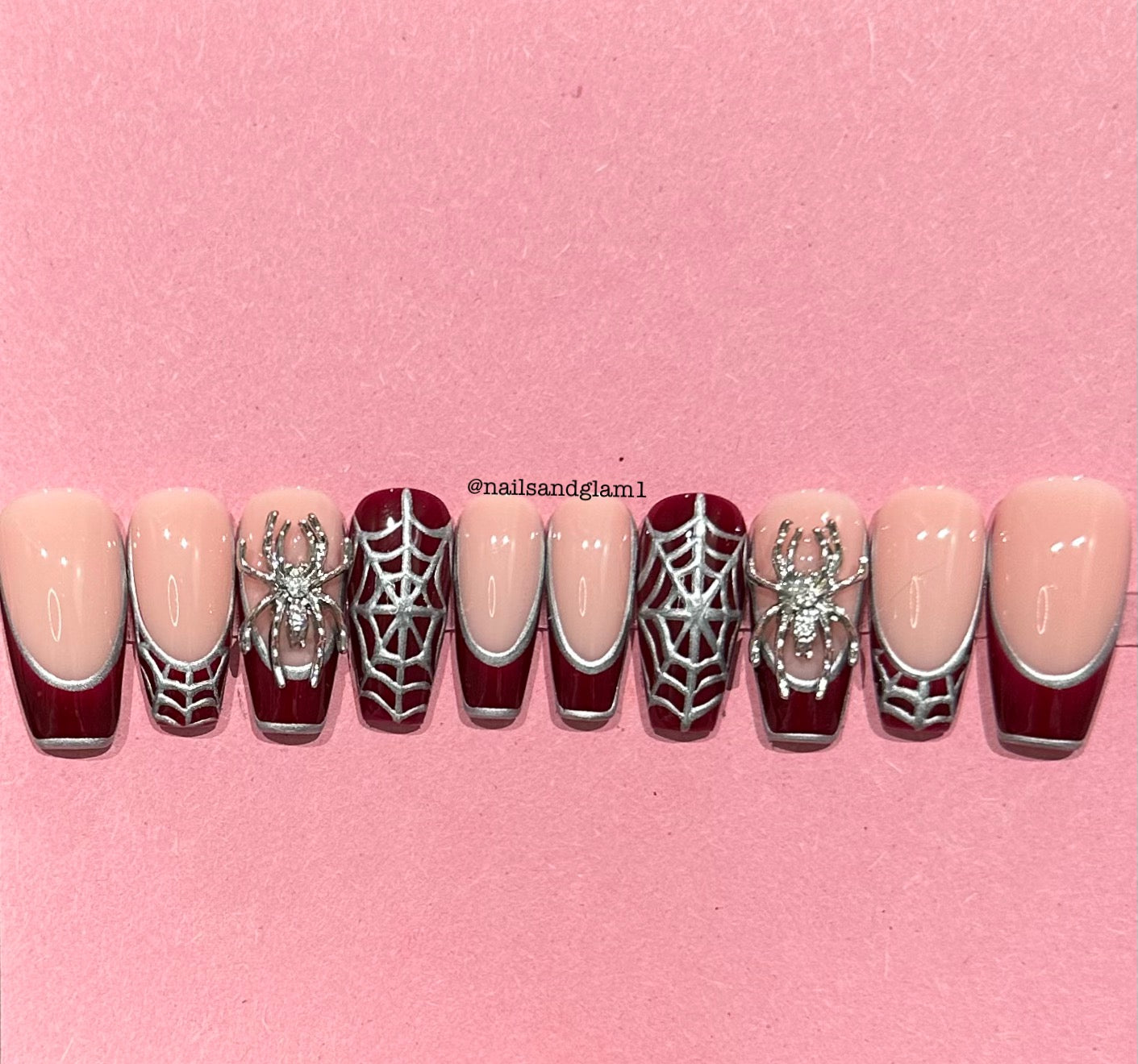Red French Tips with Silver Webs & Spiders | Halloween Nails | Press on Nails UK | Stick on Nails | Reusable | Customised | Handmade | Set of 10