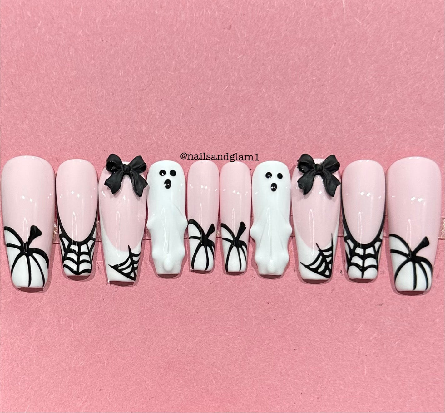White French Tips with Pumpkins, Ghosts & Webs | Halloween Nails | Press on Nails UK | Stick on Nails | Reusable | Customised | Handmade | Set of 10