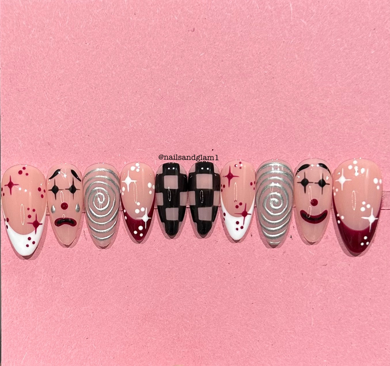 Clown Inspired Nails | Halloween Nails | Press on Nails UK | Stick on Nails | Reusable | Customised | Handmade | Set of 10