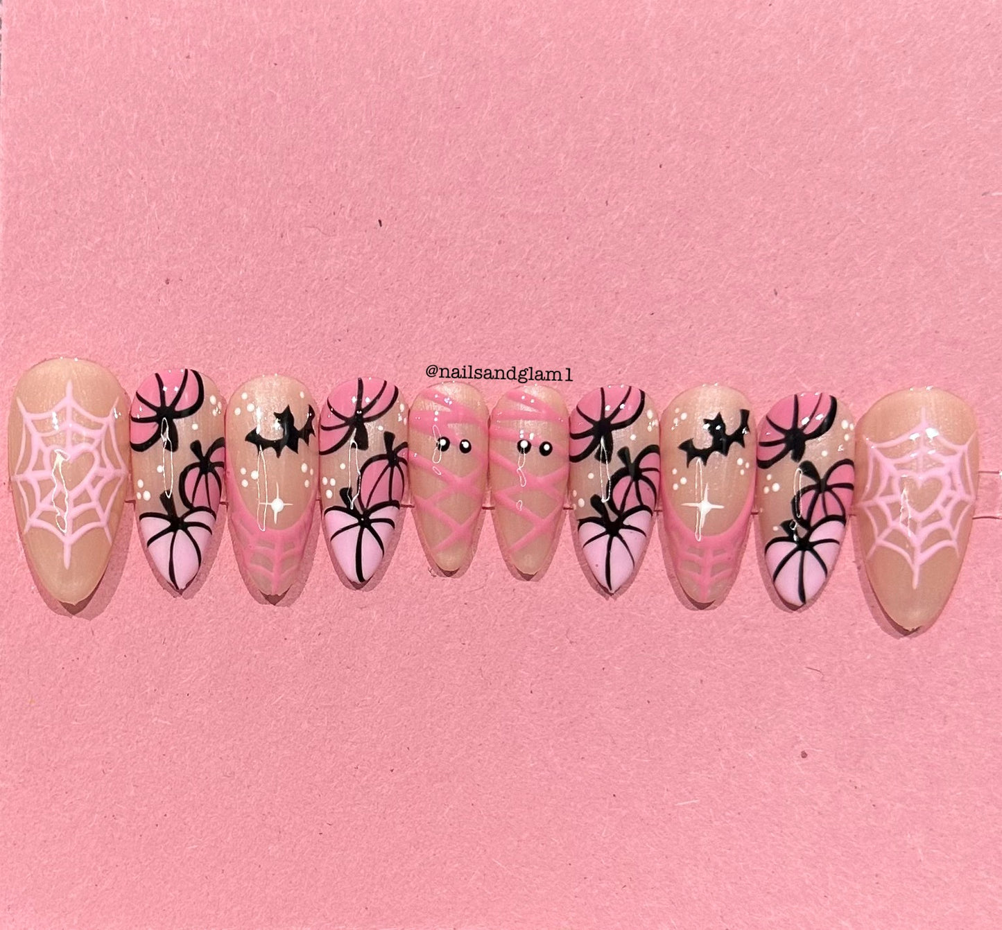 Pink Web & Pumpkin Nails with Stars | Halloween Nails | Press on Nails UK | Stick on Nails | Reusable | Customised | Handmade | Set of 10