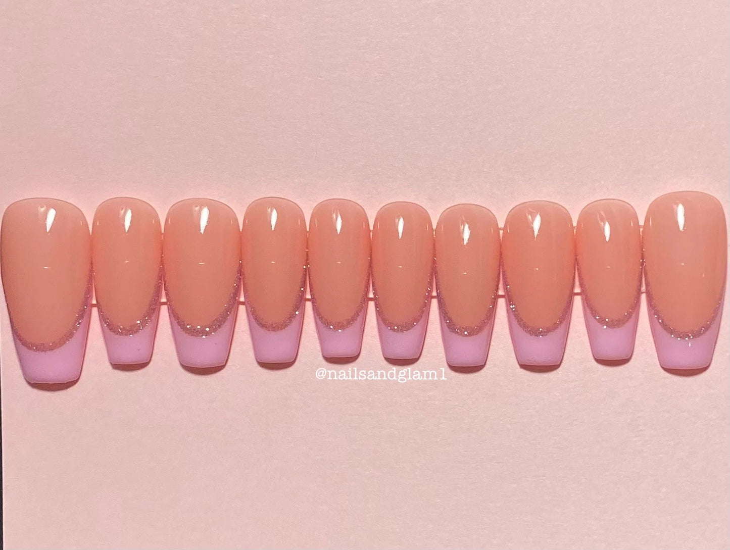 Pink French Tips with Pink Glitter Outlines | Press on Nails UK | Stick on Nails | Reusable | Customised | Handmade | Set of 10