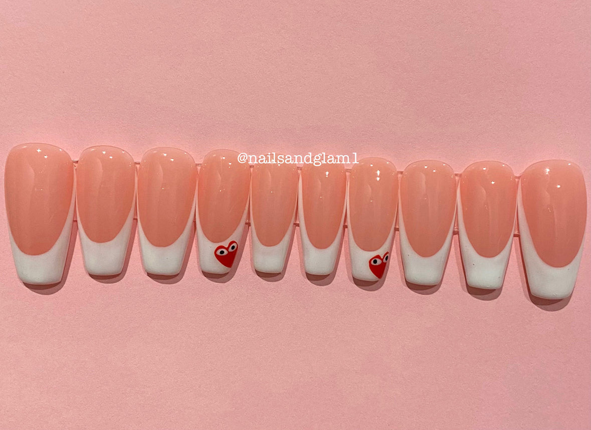 French Tips with Red Hearts | Press on Nails UK | Stick on Nails | Reusable | Customised | Handmade | Set of 10