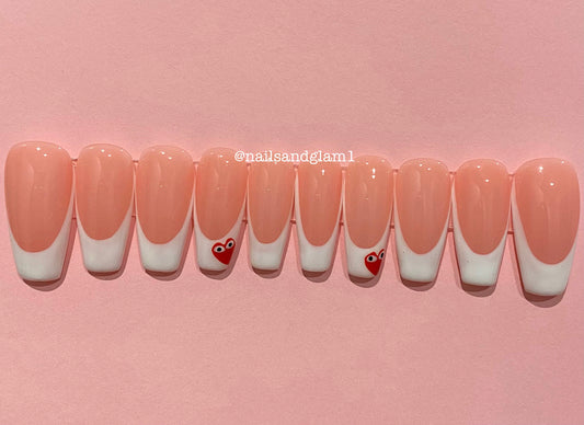 French Tips with Red Hearts | Press on Nails UK | Stick on Nails | Reusable | Customised | Handmade | Set of 10