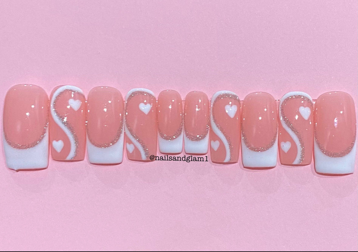 French Tips with Swirls & Silver Reflective Glitter | Press on Nails UK | Stick on Nails | Reusable | Customised | Handmade | Set of 10