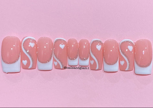 French Tips with Swirls & Silver Reflective Glitter | Press on Nails UK | Stick on Nails | Reusable | Customised | Handmade | Set of 10