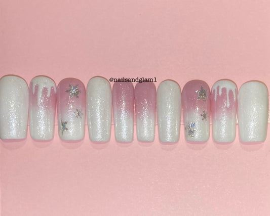 Pink & White Shimmer Ombre Snowflake Nails | Christmas Nails | Press on Nails UK | Stick on Nails | Reusable | Customised | Handmade | Set of 10