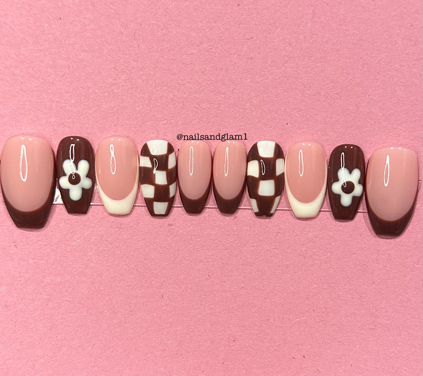 Brown & Cream French Tips with Flowers | Press on Nails UK | Stick on Nails | Reusable | Customised | Handmade | Set of 10