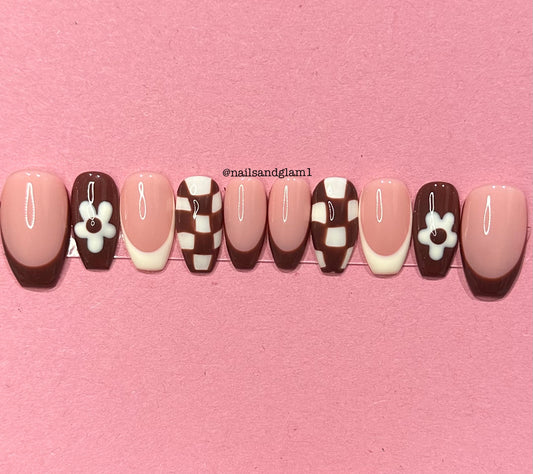 Brown & Cream French Tips with Flowers | Press on Nails UK | Stick on Nails | Reusable | Customised | Handmade | Set of 10