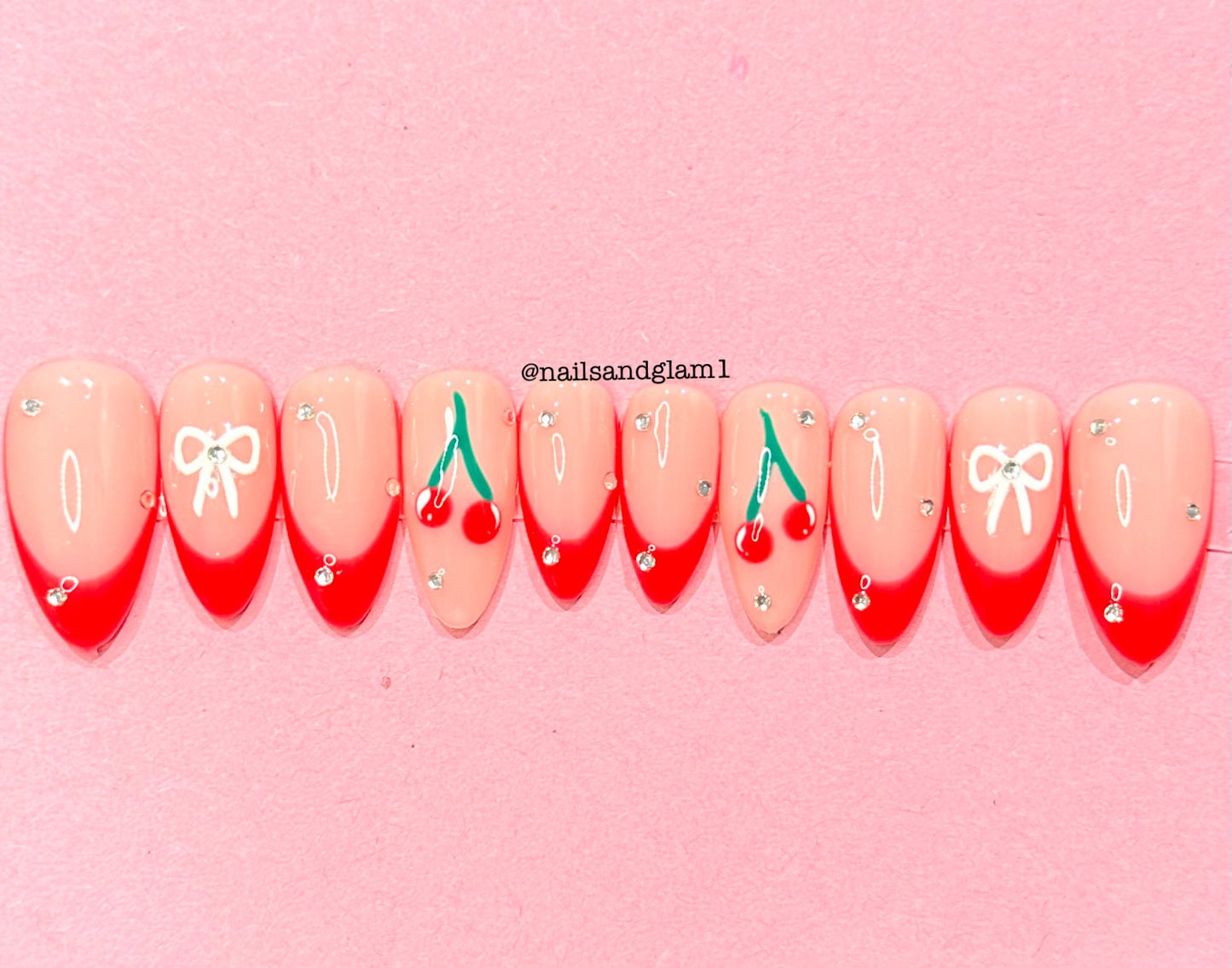 Red French Tips with Cherries, Bows & Rhinestones | Press on Nails UK | Stick on Nails | Reusable | Customised | Handmade | Set of 10