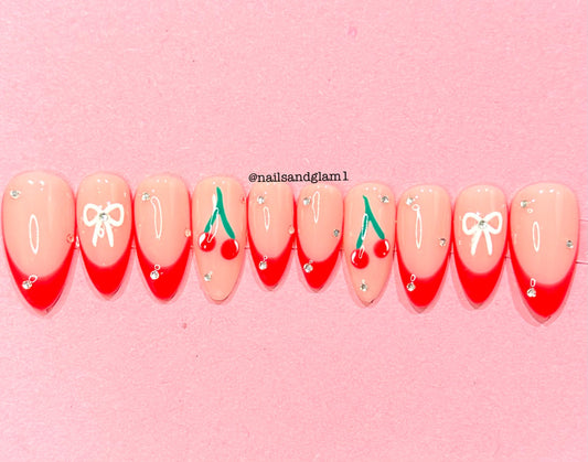 Red French Tips with Cherries, Bows & Rhinestones | Press on Nails UK | Stick on Nails | Reusable | Customised | Handmade | Set of 10