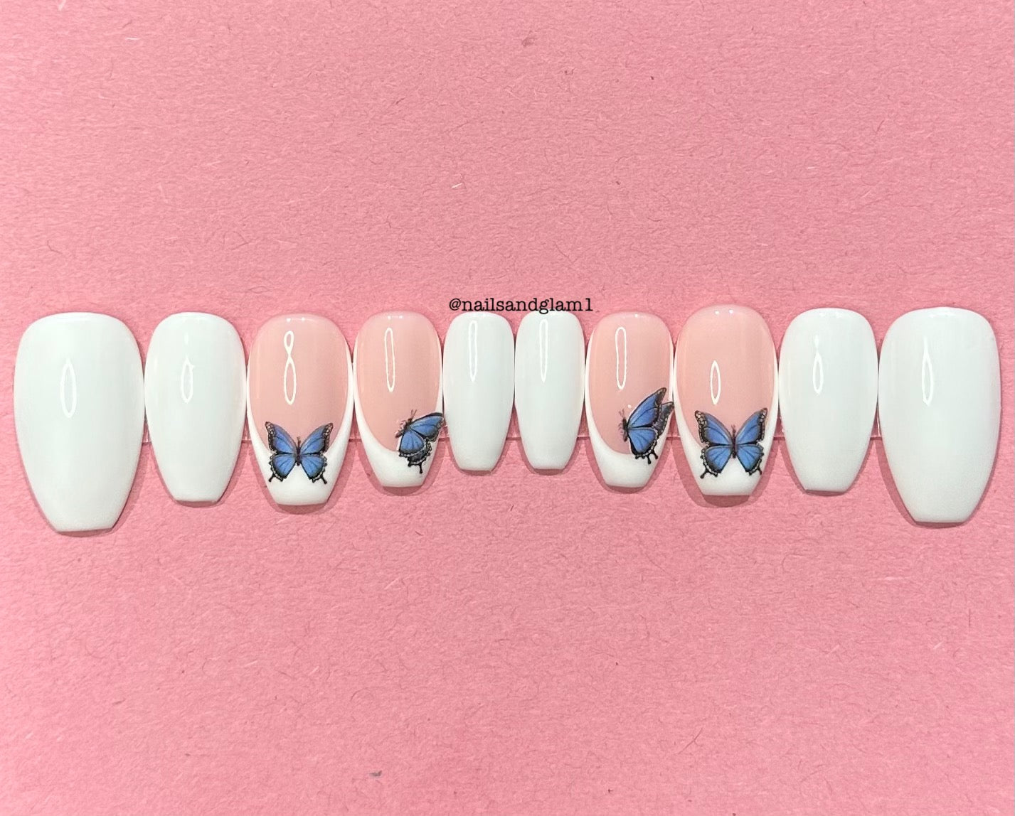 White Nails with French Tips & Blue Butterflies | Press on Nails UK | Stick on Nails | Reusable | Customised | Handmade | Set of 10