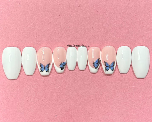 White Nails with French Tips & Blue Butterflies | Press on Nails UK | Stick on Nails | Reusable | Customised | Handmade | Set of 10