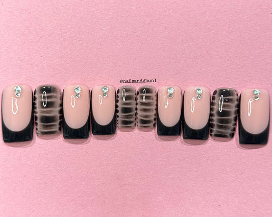 Black French Tips with Croc Print & Silver Rhinestones | Press on Nails UK | Stick on Nails | Reusable | Customised | Handmade | Set of 10