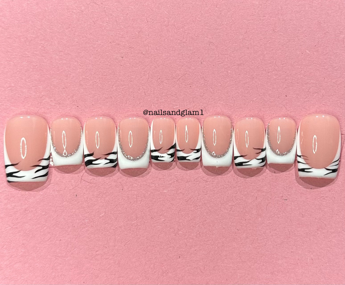 White French Tips with Black Zebra Print & Silver Reflective Glitter Outlines | Press on Nails UK | Stick on Nails | Reusable | Customised | Handmade | Set of 10