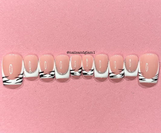 White French Tips with Black Zebra Print & Silver Reflective Glitter Outlines | Press on Nails UK | Stick on Nails | Reusable | Customised | Handmade | Set of 10
