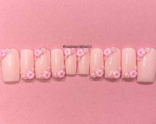 Pink Nails with Pink Flowers & Gold Beads | Press on Nails UK | Stick on Nails | Reusable | Customised | Handmade | Set of 10
