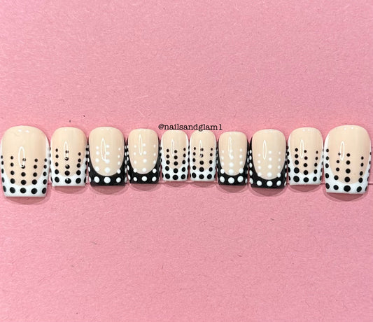Black & White French Tips with Dots | Press on Nails UK | Stick on Nails | Reusable | Customised | Handmade | Set of 10