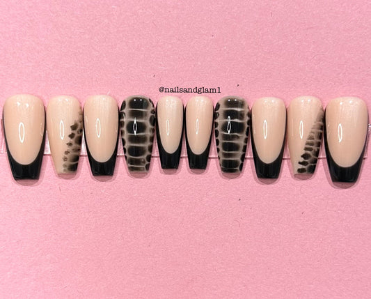 Black French Tips with Crocodile Design & Side Tips | Press on Nails UK | Stick on Nails | Reusable | Customised | Handmade | Set of 10