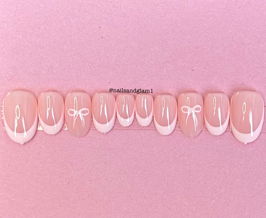 Pink French Tips with Bows | Press on Nails UK | Stick on Nails | Reusable | Customised | Handmade | Set of 10