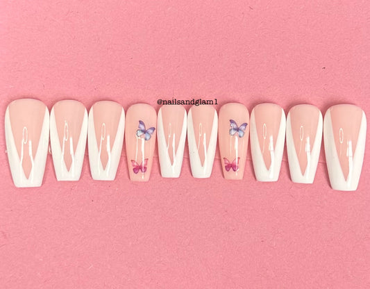 White V-Tips with Pink & Blue Butterflies | Press on Nails UK | Stick on Nails | Reusable | Customised | Handmade | Set of 10