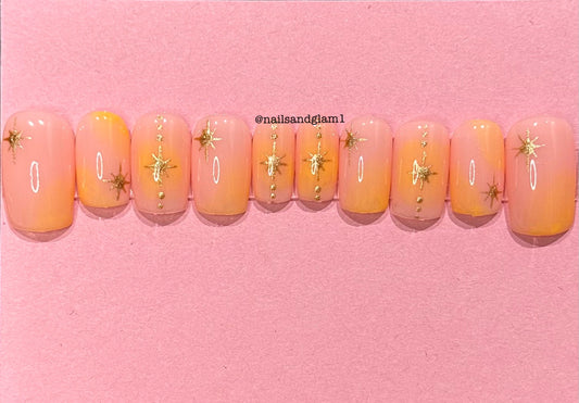 Orange Aura with Gold Stars | Press on Nails UK | Stick on Nails | Reusable | Customised | Handmade | Set of 10
