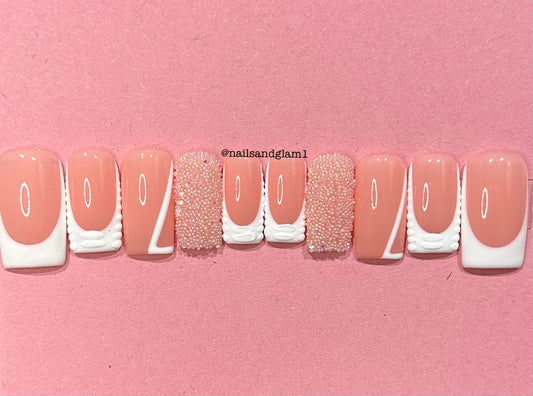 White Croc Tips with Side Tip Outline & Beads | Press on Nails UK | Stick on Nails | Reusable | Customised | Handmade | Set of 10