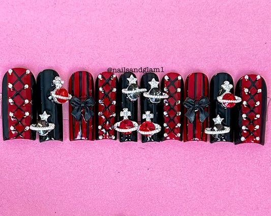 Black & Red Design with Bows, Rhinestones & VW Charms | Press on Nails UK | Stick on Nails | Reusable | Customised | Handmade | Set of 10