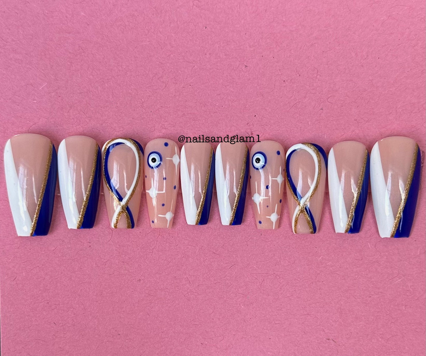 Blue, White & Gold V-Tips with Evil Eyes, Swirls, Stars | Press on Nails UK | Stick on Nails | Reusable | Customised | Handmade | Set of 10