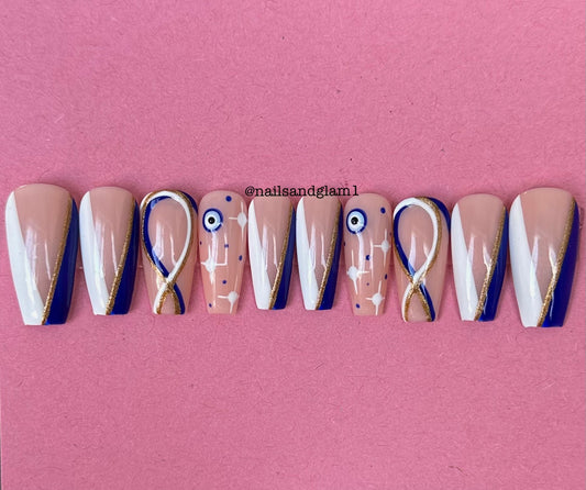 Blue, White & Gold V-Tips with Evil Eyes, Swirls, Stars | Press on Nails UK | Stick on Nails | Reusable | Customised | Handmade | Set of 10
