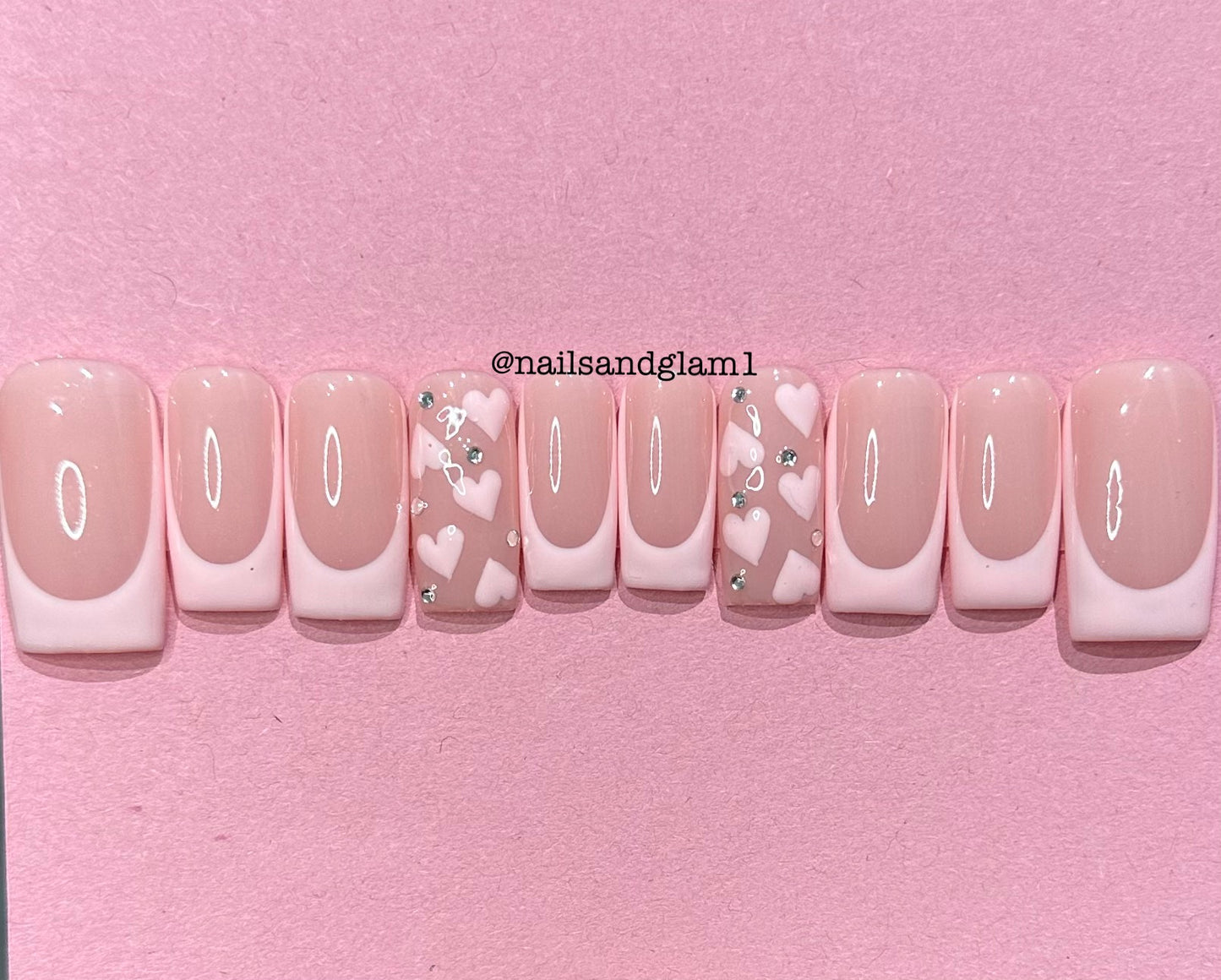 Baby Pink French Tips with Hearts & Rhinestones | Press on Nails UK | Stick on Nails | Reusable | Customised | Handmade | Set of 10