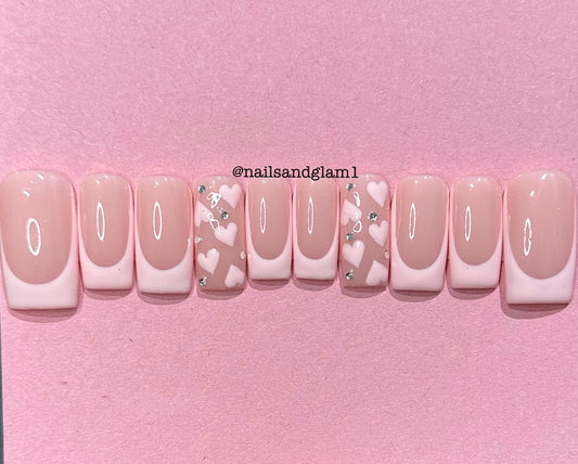 Baby Pink French Tips with Hearts & Rhinestones | Press on Nails UK | Stick on Nails | Reusable | Customised | Handmade | Set of 10