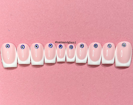 White French Tips with Evil Eyes | Press on Nails UK | Stick on Nails | Reusable | Customised | Handmade | Set of 10