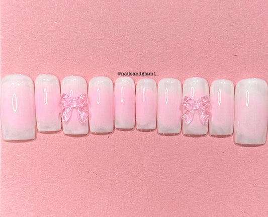Milky White Nails with Pink Aura & Bows | Press on Nails UK | Stick on Nails | Reusable | Customised | Handmade | Set of 10