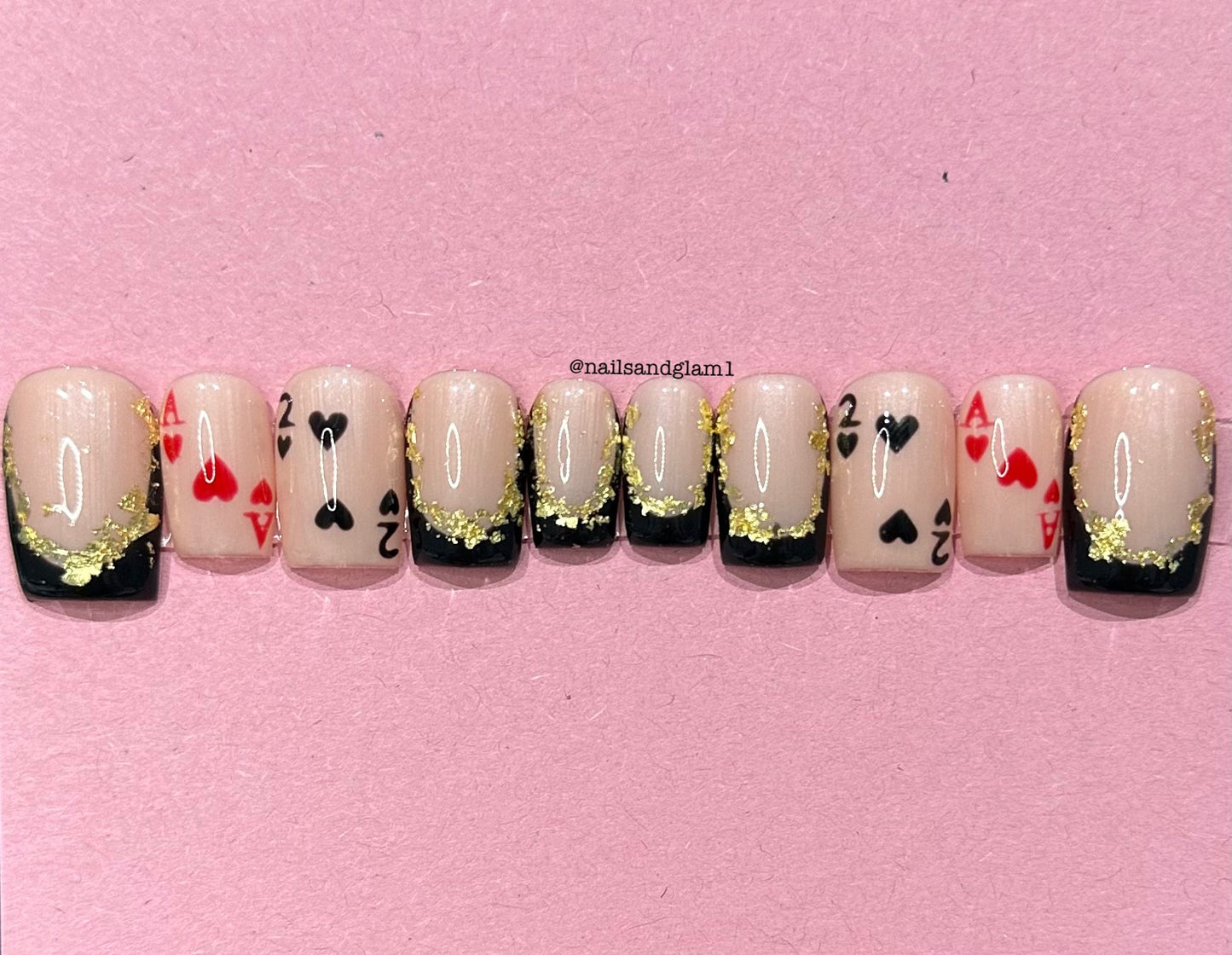Black French Tips with Gold Flakes & Playing Cards | Press on Nails UK | Stick on Nails | Reusable | Customised | Handmade | Set of 10