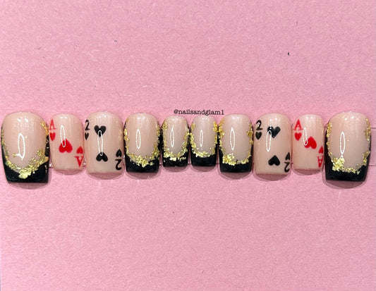 Black French Tips with Gold Flakes & Playing Cards | Press on Nails UK | Stick on Nails | Reusable | Customised | Handmade | Set of 10