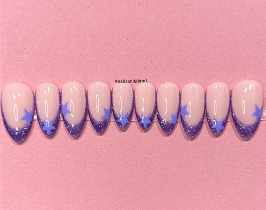 Purple Glitter French Tips with Lilac Stars | Press on Nails UK | Stick on Nails | Reusable | Customised | Handmade | Set of 10