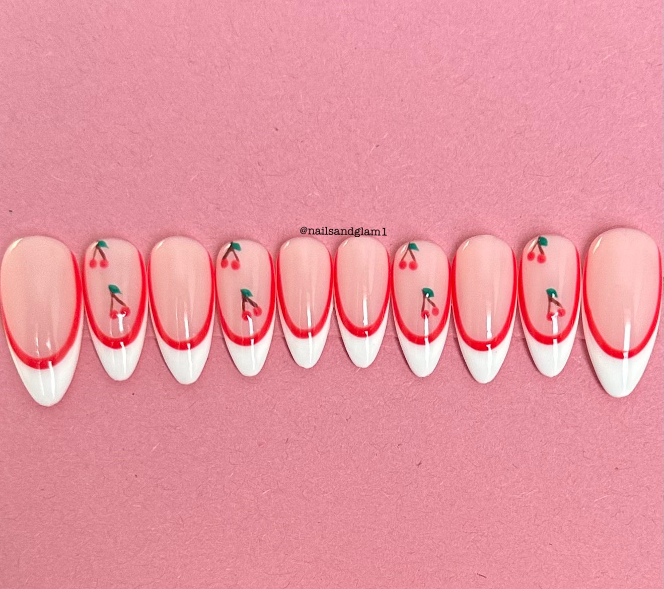White French Tips with Red Outlines & Cherries | Press on Nails UK | Stick on Nails | Reusable | Customised | Handmade | Set of 10