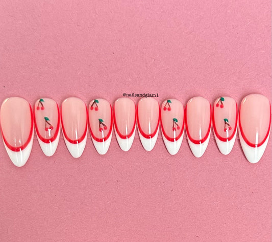 White French Tips with Red Outlines & Cherries | Press on Nails UK | Stick on Nails | Reusable | Customised | Handmade | Set of 10