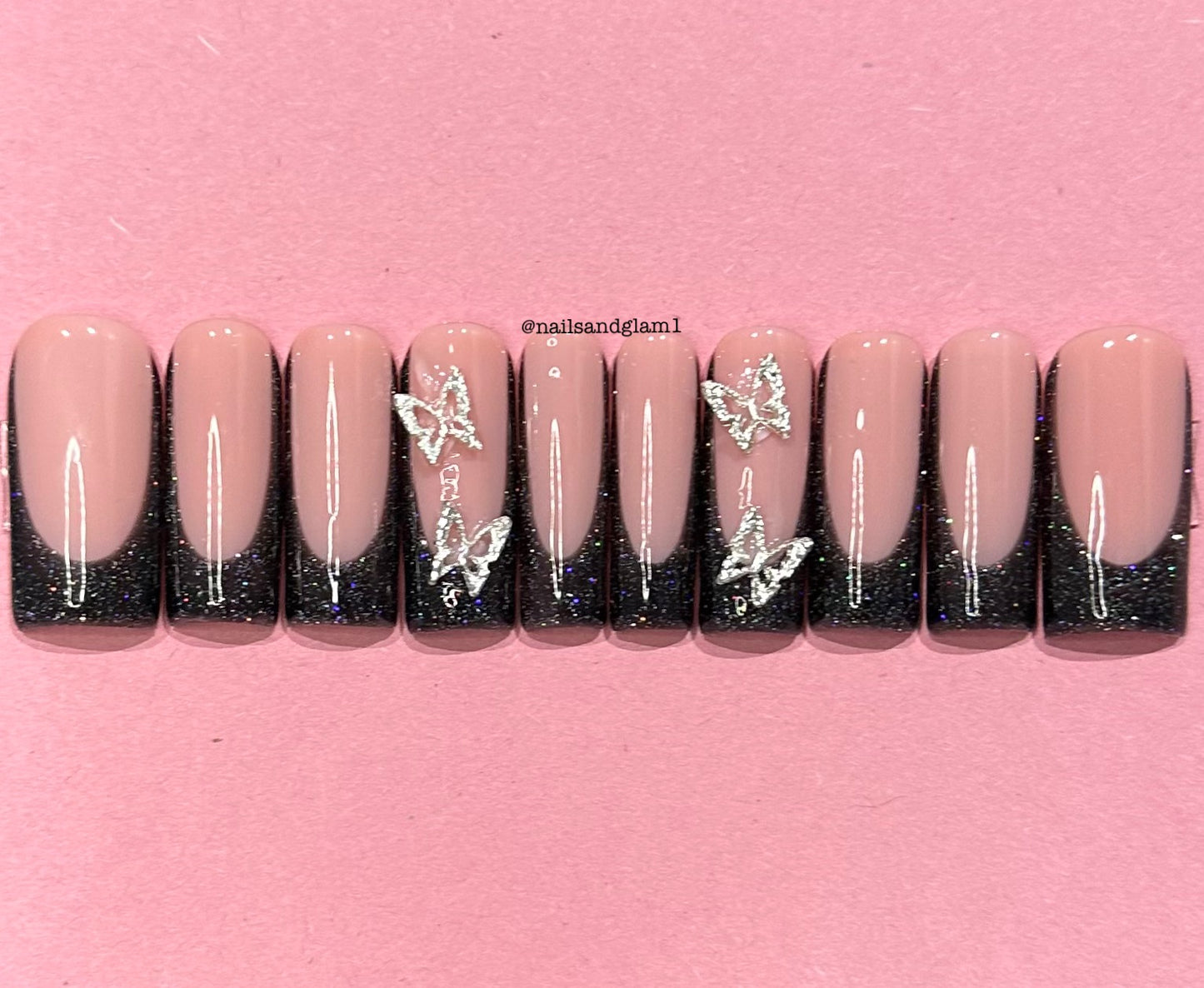 Black Glitter French Tips with Butterfly Charms | Press on Nails UK | Stick on Nails | Reusable | Customised | Handmade | Set of 10