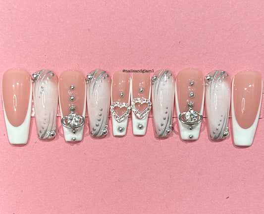 White French Tips with Aura & Silver Charms | Press on Nails UK | Stick on Nails | Reusable | Customised | Handmade | Set of 10